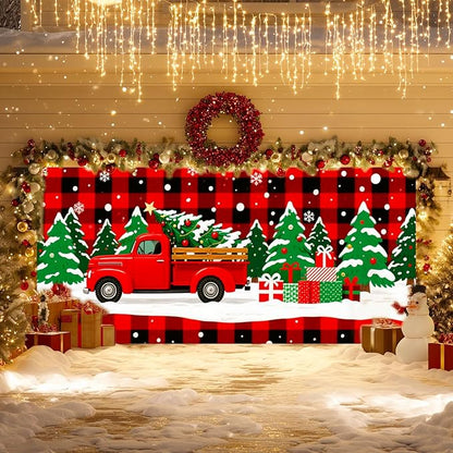 IVN Merry Christmas Garage Door 13x6ft Festive Backdrop Red Truck with Christmas Trees and Gifts Photo Prop Background for Holiday Yard Door Cover Outdoor Winter Scene