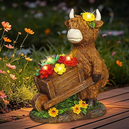 TEDOF Solar Highland Cow Statue with Flower Decor, Funny Outdoor Garden Ornament for Yard Patio Lawn, Birthday Gift for Women Mom
