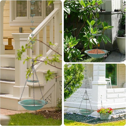13 inch Rain Chain Basin, Metal Rain Chains Anchoring Bowl Dish, DIY Rain Chain Basin for Gutter Downspout, 2 Layer Hanging Birdbath for Outdoor Garden Patio Decor