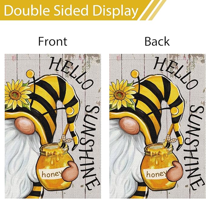 Heyfibro Hello Sunshine Summer Gnome Garden Flag 12x18 Double Sided Burlap Spring Sunflower Small Yard Banner for Rustic Seasonal Outside Outdoor House Decoration (ONLY FLAG)