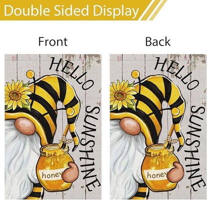 Heyfibro Hello Sunshine Summer Gnome Garden Flag 12x18 Double Sided Burlap Spring Sunflower Small Yard Banner for Rustic Seasonal Outside Outdoor House Decoration (ONLY FLAG)