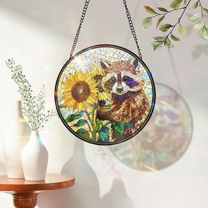 7.8 Inch Stained Glass Window Hanging Sunflower Raccoon Sun Catcher Indoor Window Door Wall Yard Home Decor Colorful Glass Panel Suncatcher Gifts for Women Men Mom Grandma