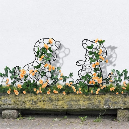 Metal Trellis Dog Garden Statue, Outdoor Metal Dog Stakes Gifts for Mother Father, Animal Art Lawn Garden Stakes 17 Inch, Set of 2