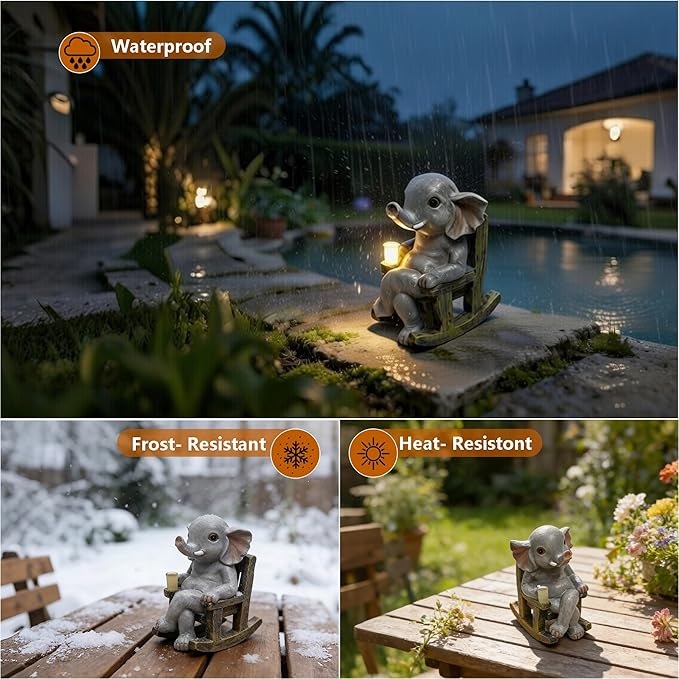 Miniature Elephant Garden Statue Solar Light Outdoor Decor Elephant Figurine Solar Lantern for Home Indoor Lawn Backyard Balcony Porch Patio Ornament for Women Mom Grandma 5.51"x4.33"x3.15"