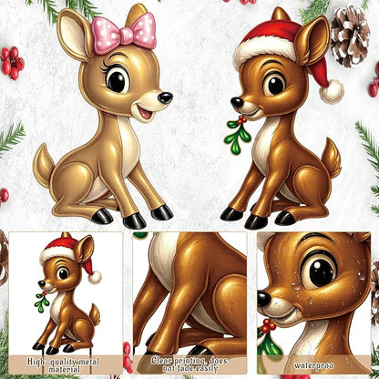 Moxweyeni 2 Pcs Outdoor Reindeer Christmas Decoration Cute Deer Sign Large Metal Reindeer Yard Sign with Stakes Christmas Farmhouse Deer Figurines for Lawn Garden Holiday Display