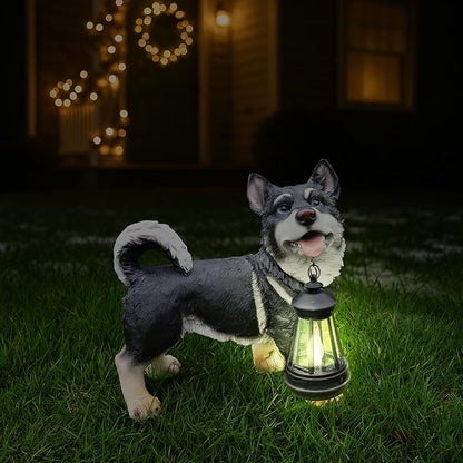 Husky Dog Garden Statue with Solar Lantern Light, Outdoor Resin Animal Figurine with Welcome & On Patrol Sign, Patio Yard Lawn Porch Decor, Housewarming Pet Memorial Gift, 9.8 Inch