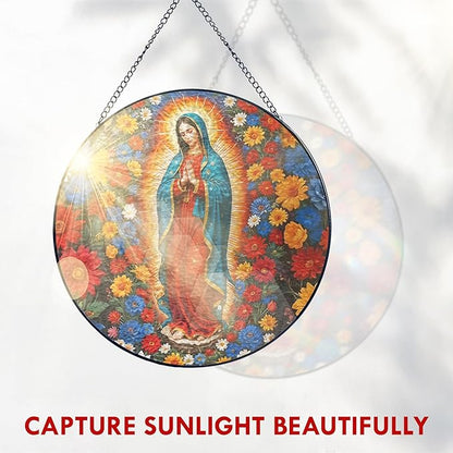 FLAGWIX Christmas Christian Gifts for Women - Virgen De Guadalupe Stained Glass Window Hanging 10 in - Christian Religious Gifts for Women Mom, Our Lady of Guadalupe Sun Catchers Indoor Window