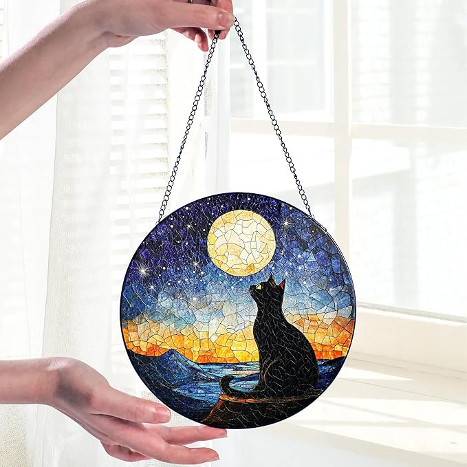 Black Cat Starry Night Stained Glass Suncatcher Window Hanging Decor for Garden, Cat Suncatcher Window Panel Gifts for Cats Lovers, Memorial Gifts for Pet Loss Sympathy Gift for Outdoor Decorations