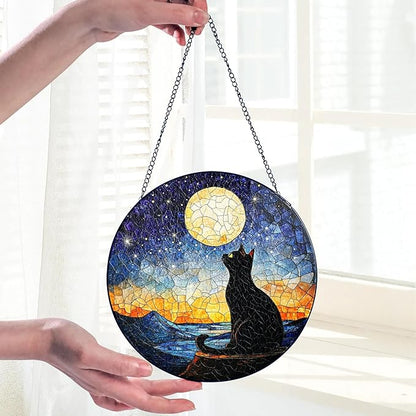 Black Cat Starry Night Stained Glass Suncatcher Window Hanging Decor for Garden, Cat Suncatcher Window Panel Gifts for Cats Lovers, Memorial Gifts for Pet Loss Sympathy Gift for Outdoor Decorations