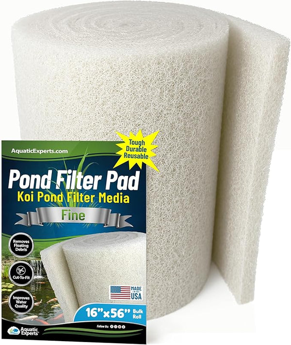 Classic Koi Pond Filter Pad FINE - White Bulk Roll Pond Filter Media, Ultra-Durable Pond Filters for Outdoor Ponds, Reusable Fish Pond Filter Material, USA, Aquatic Experts (3/4" - 1" x 16" x 56")