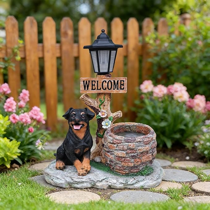 Solar Garden Statue with Planter & Solar Lantern, Outdoor Resin Animal Sculpture, Waterproof Yard Lawn Decor Pot for Succulents, Front Porch Ornament Housewarming Gift (Rottweiler)