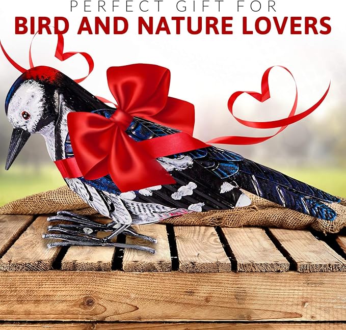 Metal Woodpecker Bird Figurine - Lifeilke Backyard & Garden Gift, Birds Statue Sculpture Art Large Realistic - Outdoor Fall Decor, Metal Yard Art