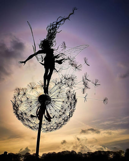 Fcteap Flower Fairy Dancing with Dandelion Garden Art Sculpture Stainless Steel Statue Christmas Halloween Decoration for Outdoor Yard Courtyard Lawn Patio Metal Ornaments (Open Hands)