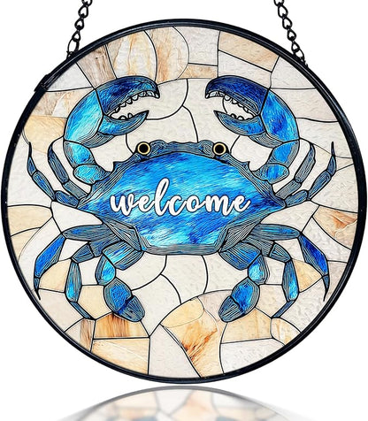 kdqua Coastal Beach Crab Welcome Suncatcher Stained Glass Window Hanging, Ocean Marine Crab Sun Catchers Indoor Window Glass Round Wall Decor, Beachy Wall Art Hanging Decorations Statues, 7.9x7.9in