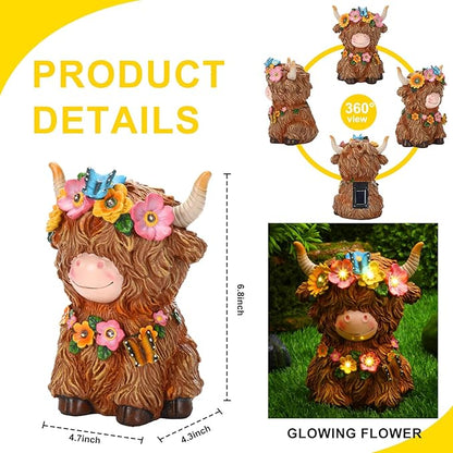 Colingmill Highland Cow Solar Statue Outdoor Decor Resin Highland Cow Figurine with Flower Gifts for Women Mom for Spring Yard Garden Lawn Ornaments, Calf Gnome Herd Lovers(Bright)