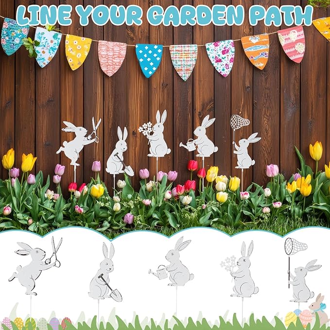 Leinuosen 5pcs Easter Bunny Garden Stakes 13 inch Metal Easter Yard Decor White Finish Outdoor Garden Stakes Bunny Silhouette Set for Lawn Planter Flower Pot Pathway Spring Decoration(White)