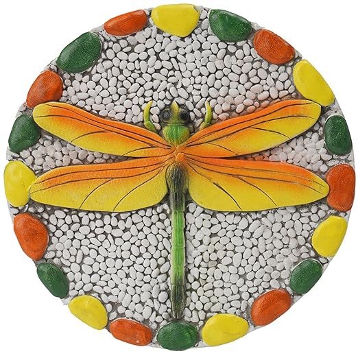 Decorative Garden Stepping Stone Dragonfly - Round Outdoor Pathway Stone with Yellow and Green Design, White Pebble Background 10x10 Inches
