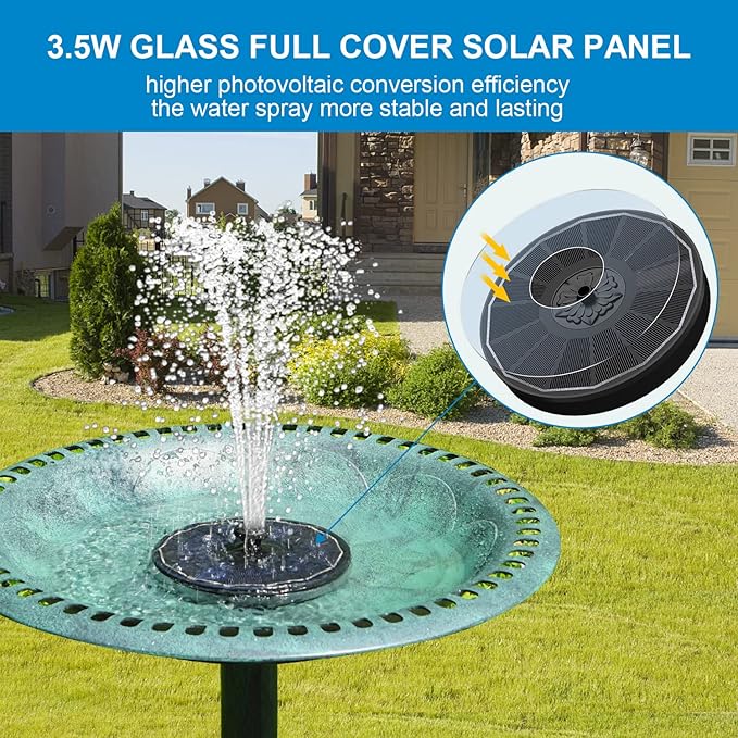 SZMP Solar Bird Bath Fountains,Working On Cloudy Day Solar Water Fountain 3.5W Glass Solar Panel 2000mAh Battery 4 Fixer 7 Nozzles Solar Fountain for Bird Bath Garden(Black Solar Panel)