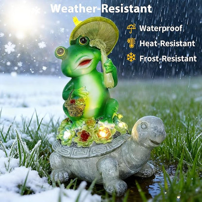 Solar Garden Statue Outdoor Decor Turtle & Frog with LED Lights – Yard Decor for Patio, Balcony, Backyard, Lawn Ornaments Tortoise Figurine, Unique Birthday Gifts for Mom, House Warming Gifts New Home
