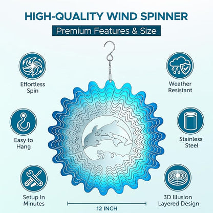 ISEO Dolphin Wind Spinner for Yard and Garden, Hanging Outdoor Decor, Yard Art, Porch and Patio Decorations, Metal Wind Spinners Outdoor, Weather Resistant, 12”