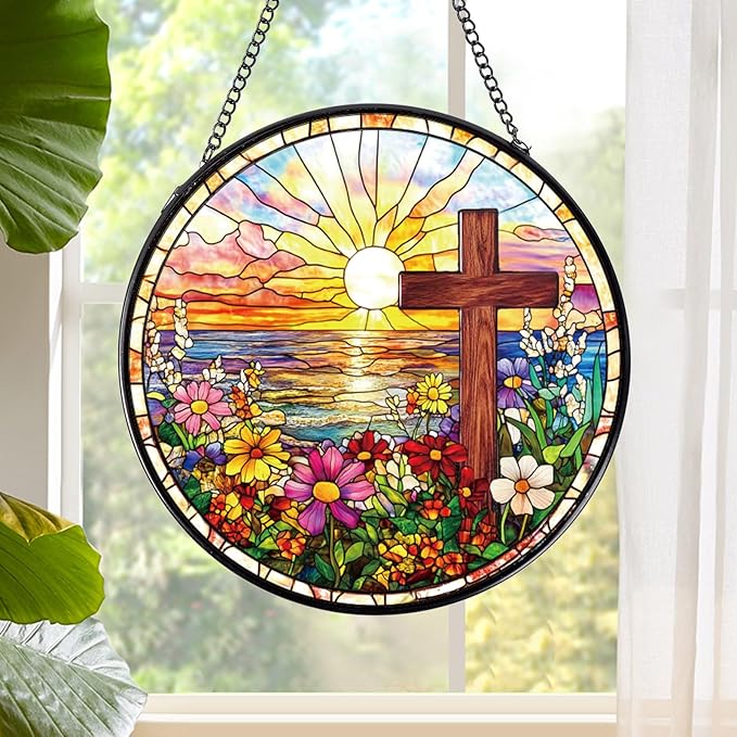 Rngmsi Cross Flower Stained Glass Window Hanging Gift, 7.8″ Sun Catchers Indoor Window Decor, Decorative Suncatchers Home Garden Art Religious Gift for Thanksgiving Christmas Housewarming