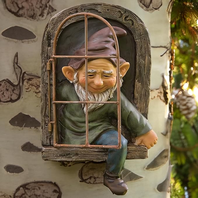 Teaeeno 12-inch Elf Out The Door Tree Hugger, Garden Gnome Statue Decor Outdoor, Large Outdoor Tree Hugger for Yard Art, Trees Decorations Outdoor Wallmounted Statue