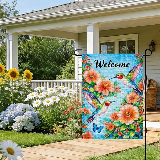 IVN Hummingbird Garden Flag 12x18 Inch – Welcome Floral Outdoor Flag, Double Sided Burlap Spring Summer Yard Flag for Porch Lawn Patio Decor