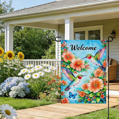 IVN Hummingbird Garden Flag 12x18 Inch – Welcome Floral Outdoor Flag, Double Sided Burlap Spring Summer Yard Flag for Porch Lawn Patio Decor