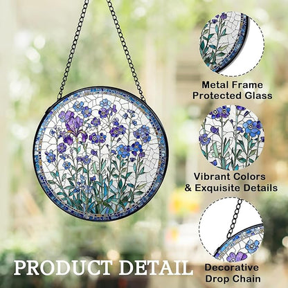 Stained Glass Window Hanging, Spring Forget Me Not Lavener Flower Suncatcher for Window Doors Garden Home Decoration, Purple Floral Botanical Glass Ornaments for Women,Wife, Lovers, and Mom 7.8×7.8 in