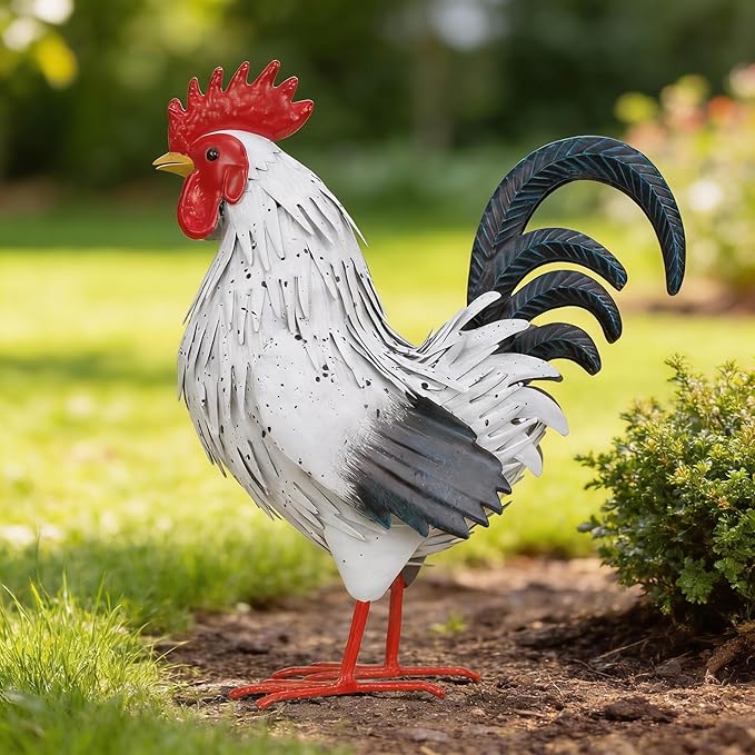 Ratuor Rooster Garden Statue Sculpture Metal Chicken Yard Decor Outdoor Figurines Patio Backyard Decoration (White)