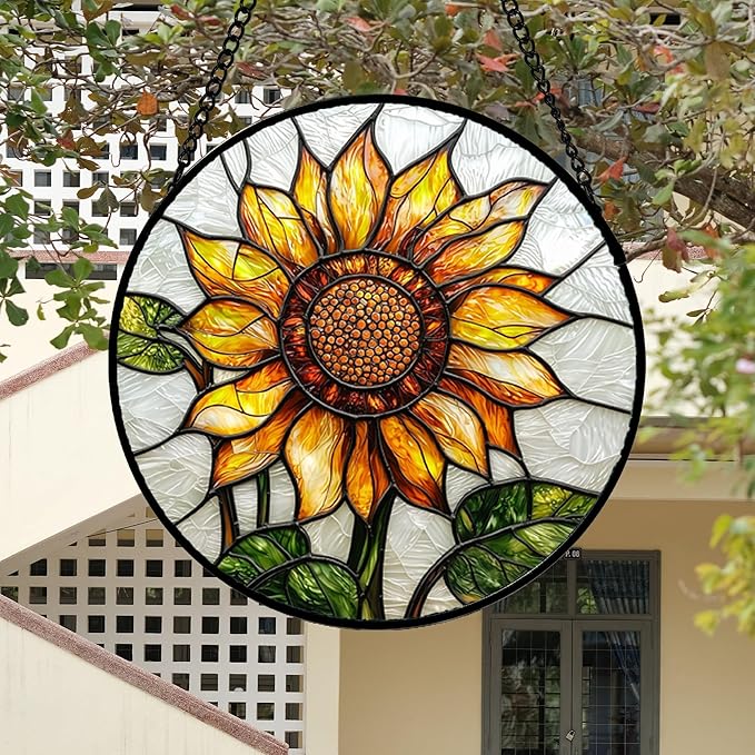 DASTOLL Stained Glass Window Hanging - Sunflower Flower Suncatcher Ready to Hang Window Doors Home Decoration and Christmas, Mother's Day Birthday Gifts for Women, Men, and Mom 14.9x14.9 in