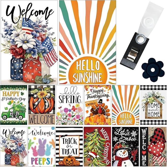 Garden Flag Set of 12 Double Sided Double Stitched 12x18 Inch, Seasonal & Holiday Yard Flags for Outside, All Seasons, 7 Major Holidays, Home Sweet Home Decor for Patio Lawn