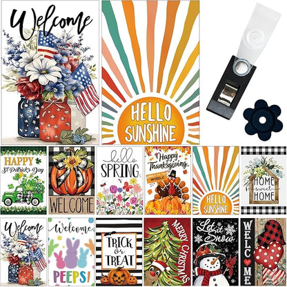 Garden Flag Set of 12 Double Sided Double Stitched 12x18 Inch, Seasonal & Holiday Yard Flags for Outside, All Seasons, 7 Major Holidays, Home Sweet Home Decor for Patio Lawn