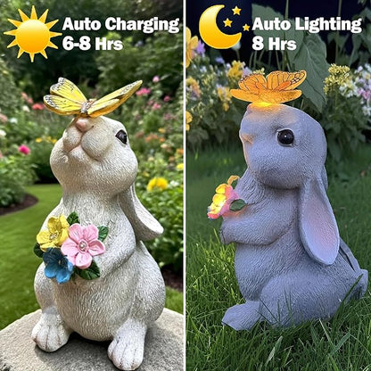 Solar Garden Decor Rabbit Statues with Butterfly LED Light - Waterproof Bunny Figurines Outdoor for Yard Patio Balcony Easter Decor - Unique Housewarming Mother's Day Birthday Gifts for Women