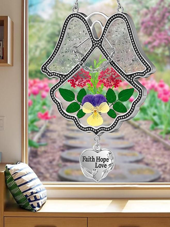KY&BOSAM Angel Suncatcher Faith Hope Love Stained Glass Panels Suncatchers for Windows Hangings Wind Chime with Pressed Flower Glass and Metal Heart Charm Birthday Gifts for Mom Mothers Day Christmas