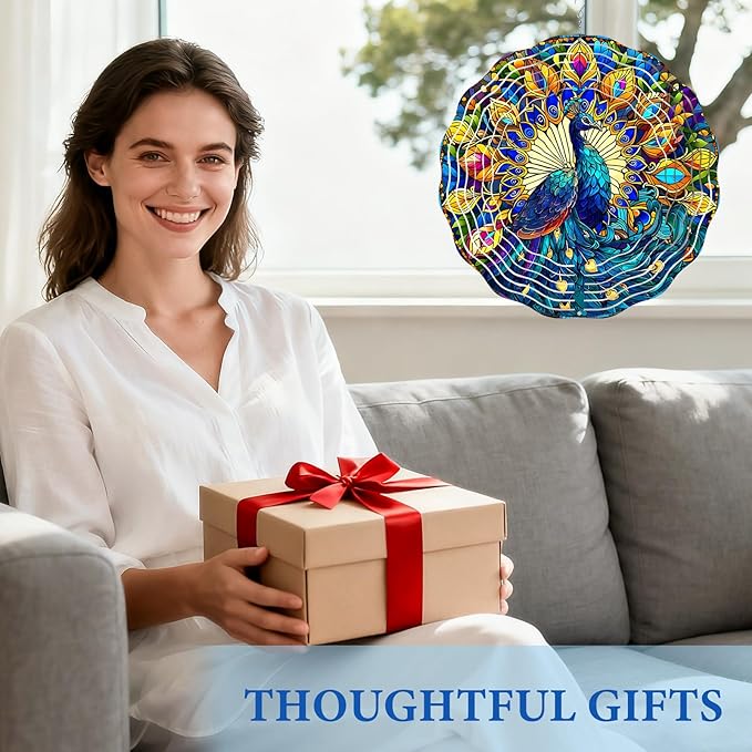 Wazzio Peacock Wind Spinners Outdoor, Peacock Gifts for Women Wife Mom Grandma, Hanging Wind Spinners for Christmas Thanksgiving, 12 inch Outdoor Indoor Hanging Ornament for Garden Porch Backyard