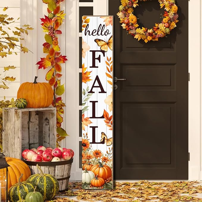 Hello Fall Porch Sign Autumn Pumpkin Maple Leaf Welcome Sign Vertical Standing Sign For Front Porch Decor Farmhouse Hanging Wall Sign for Patio Yard Party Indoor Outdoor Thanksgiving Decoration 47.2"H