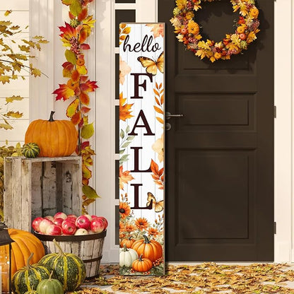 Hello Fall Porch Sign Autumn Pumpkin Maple Leaf Welcome Sign Vertical Standing Sign For Front Porch Decor Farmhouse Hanging Wall Sign for Patio Yard Party Indoor Outdoor Thanksgiving Decoration 47.2"H