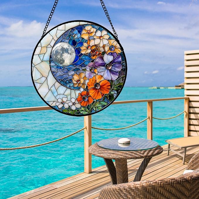 Stained Glass Window Hanging - Blue White Moon Suncatcher for Door Terrace Garden Home Decor Colorful Flowers Sun Catcher Birthday Gifts for Lovers Women Men Dad Mom Nana 9.8 in