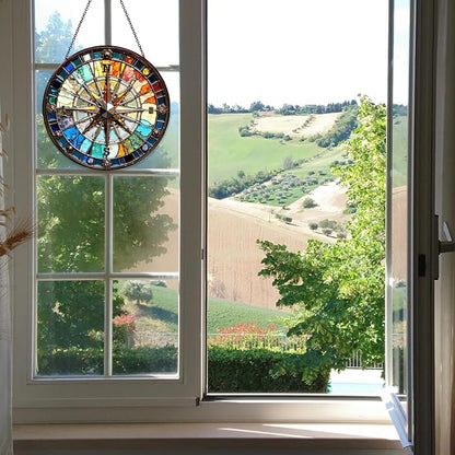 Compass Stained Glass Window Hanging Compass Sun Catcher Decor New House Decor Christmas Suncatchers for Home Windows Hanging Decoration, 7.87inch