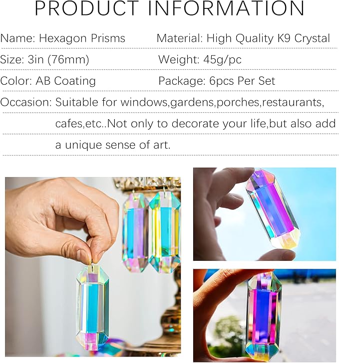 HDCRYSTALGIFTS 6 Pack 3'' Crystal Sun Catchers, Rainbow Maker Hanging Crytals for Windows Sticks Prism Suncatchers for Garden Home Decor Glass Ornaments for Christmas Tree