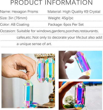 HDCRYSTALGIFTS 6 Pack 3'' Crystal Sun Catchers, Rainbow Maker Hanging Crytals for Windows Sticks Prism Suncatchers for Garden Home Decor Glass Ornaments for Christmas Tree