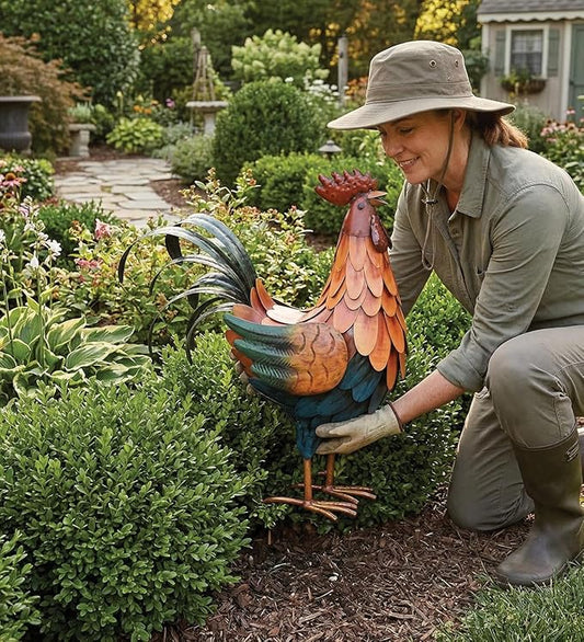 Regal Art & Gift Handcrafted Metal Rooster Statue, Weather-Resistant Farmhouse Yard Art, Indoor/Outdoor Garden Sculpture, Detailed Feather Design, Decorative Bird for Home & Garden, Golden, 16” Height
