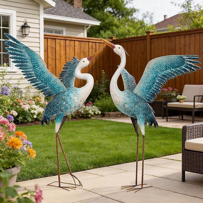 chisheen Garden Statue Outdoor Metal Heron Crane Yard Art Sculpture for Lawn Patio Backyard Decoration,46 inch (2-Pack) (White&Blue)
