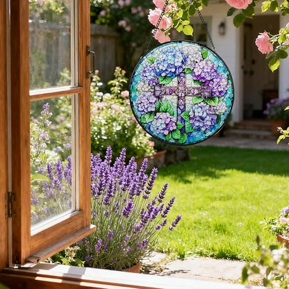 Suncatcher Stained Glass Window Hanging - Cross Glass Panel with Metal Chain and Hooks Handmade Sun Catcher Decoration for Window Garden Home Christmas & Birthday Gifts