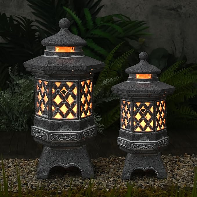 TERESA'S COLLECTIONS Pagoda Garden Statues with Solar Outdoor Light, Resin Zen Garden Lantern Asian Decor Outdoor Statues Lawn Ornaments Patio Porch Yard Decor Gifts for Dad 8.3'' (Stone Finish)