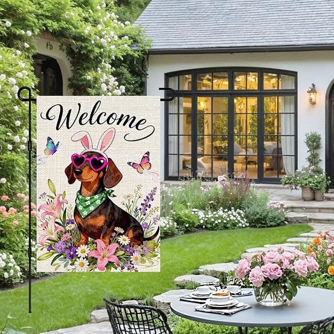 IVN Spring Dachshund Garden Flag 12x18 Welcome Dog Bunny Ears Heart Sunglasses Floral Wildflowers Spring Butterflies Watercolor Double Sided Burlap Yard House Flag Seasonal Outdoor Decoration for Outside Home Front Door Lawn Porch Patio Welcome Summer ...