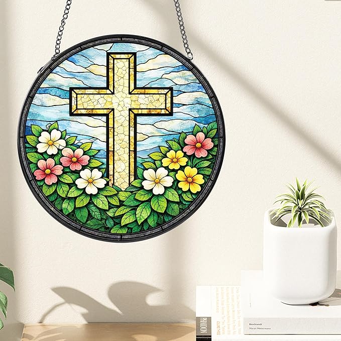 Cross Flower Stained Suncatcher, 8" Round Christian Glass Window Hanging with Metal Chain, Religious Decorative Glass Art for Home Garden, Faith Gift for Mom Grandma