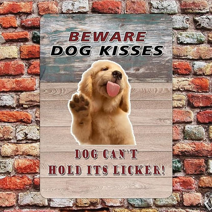Beware Dog Kisses Dog Can't Hold Its Licker Street Metal Signs Vintage Man Cave Warning Aluminum Metal Tin Sign for Garden Patio Yard Cafe Pub Home Decor Wall Art Print Poster 12x16