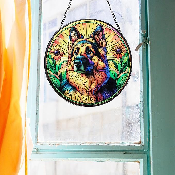 Stained Glass Dog Memorial Suncatcher,German Shepherd Window Hanging,Sympathy Gifts for Pet Loss,7.9 inch/20 cm Home and Garden Decor for Dog Lovers
